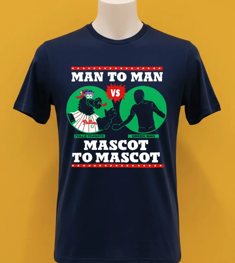 Philadelphia Phillies Man To Man Phillie Phanatic Vs Green Man Mascot To Mascot Shirt Navy Shirt 1