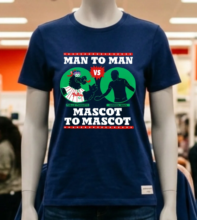 Philadelphia Phillies Man To Man Phillie Phanatic Vs Green Man Mascot To Mascot Shirt Navy Shirt 2