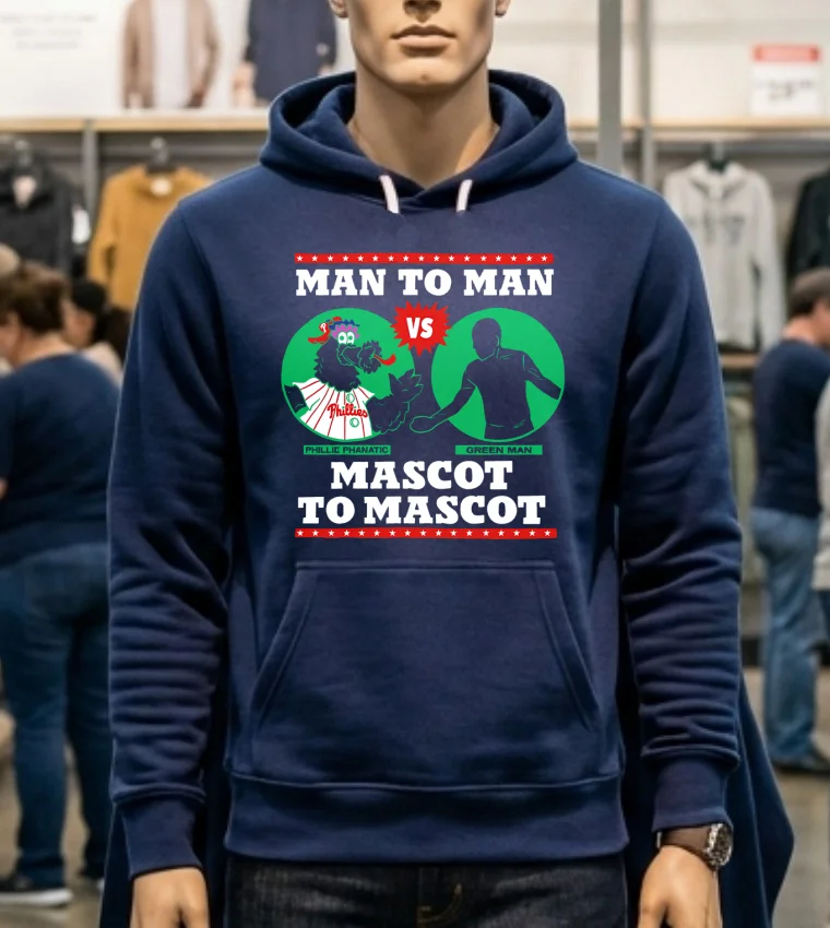 Philadelphia Phillies Man To Man Phillie Phanatic Vs Green Man Mascot To Mascot Shirt - navy-shirt Philadelphia Phillies Man To Man Phillie Phanatic Vs Green Man Mascot To Mascot Shirt Navy Shirt