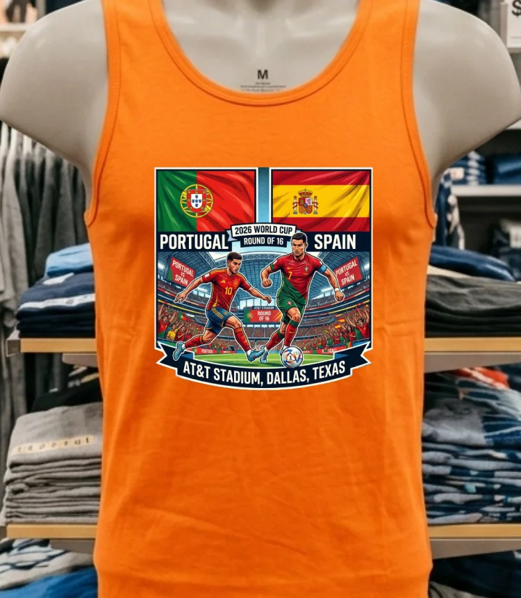 Portugal Vs Spain In The Round Of 16 Of The 2026 World Cup At Dallas Stadium (At&T, Texas) T Shirt - orange-shirt Portugal Vs Spain In The Round Of 16 Of The 2026 World Cup At Dallas Stadium Att Texas T Shirt Orange Shirt