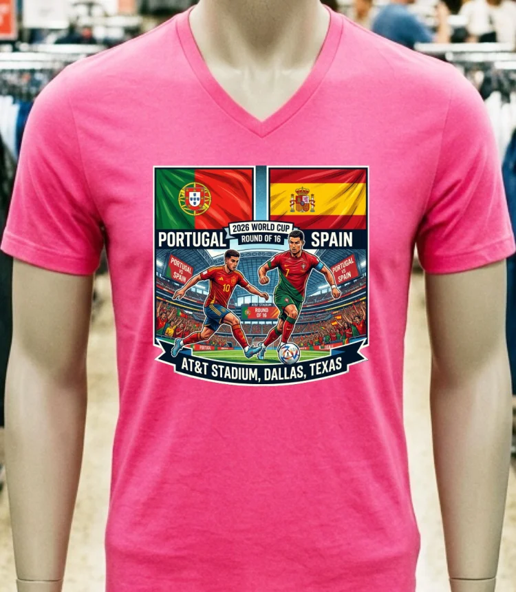 Portugal Vs Spain In The Round Of 16 Of The 2026 World Cup At Dallas Stadium (At&T, Texas) T Shirt - pink-t-shirt Portugal Vs Spain In The Round Of 16 Of The 2026 World Cup At Dallas Stadium Att Texas T Shirt Pink T Shirt