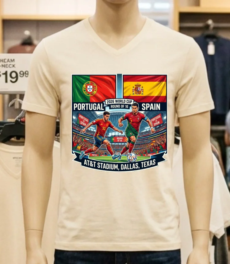 Portugal Vs Spain In The Round Of 16 Of The 2026 World Cup At Dallas Stadium (At&T, Texas) T Shirt - white-t-shirt Portugal Vs Spain In The Round Of 16 Of The 2026 World Cup At Dallas Stadium Att Texas T Shirt White T Shirt 1