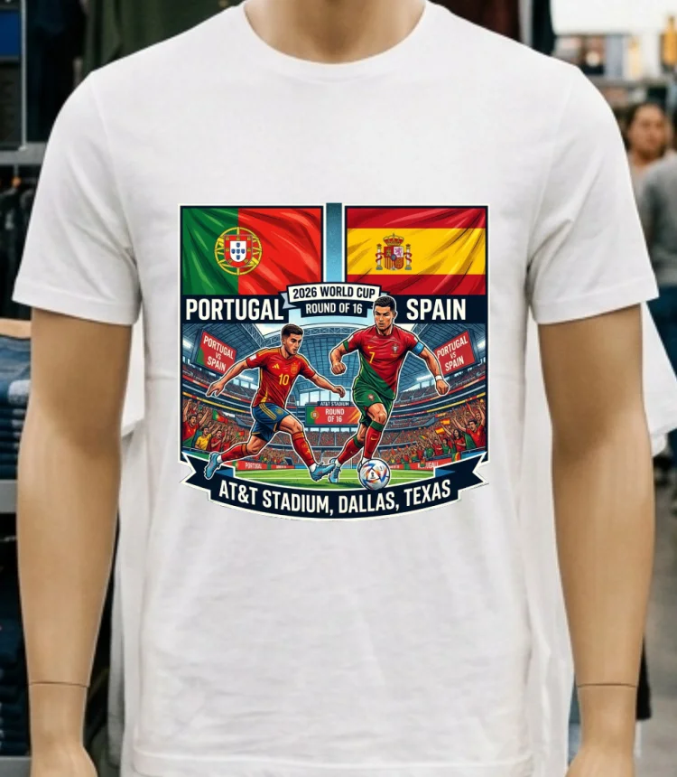 Portugal Vs Spain In The Round Of 16 Of The 2026 World Cup At Dallas Stadium (At&T, Texas) T Shirt - white-t-shirt Portugal Vs Spain In The Round Of 16 Of The 2026 World Cup At Dallas Stadium Att Texas T Shirt White T Shirt 4