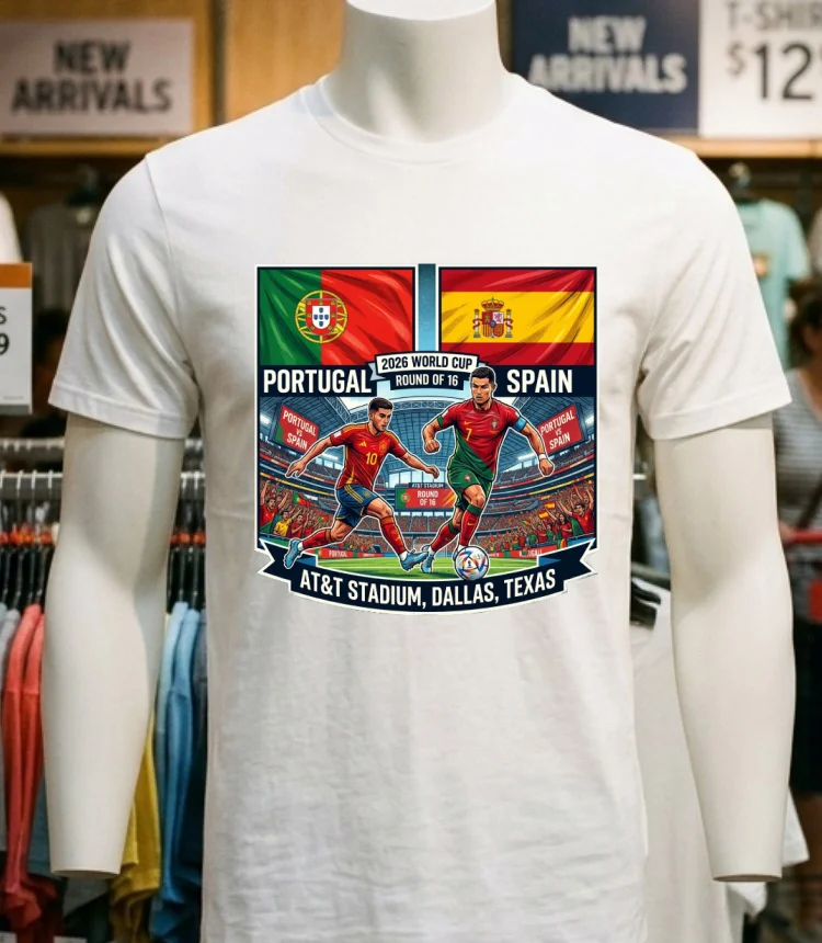 Portugal Vs Spain In The Round Of 16 Of The 2026 World Cup At Dallas Stadium (At&T, Texas) T Shirt - white-t-shirt Portugal Vs Spain In The Round Of 16 Of The 2026 World Cup At Dallas Stadium Att Texas T Shirt White T Shirt 5