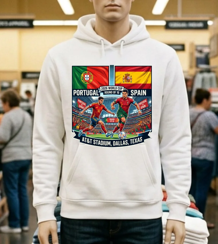 Portugal Vs Spain In The Round Of 16 Of The 2026 World Cup At Dallas Stadium (At&T, Texas) T Shirt - white-t-shirt Portugal Vs Spain In The Round Of 16 Of The 2026 World Cup At Dallas Stadium Att Texas T Shirt White T Shirt