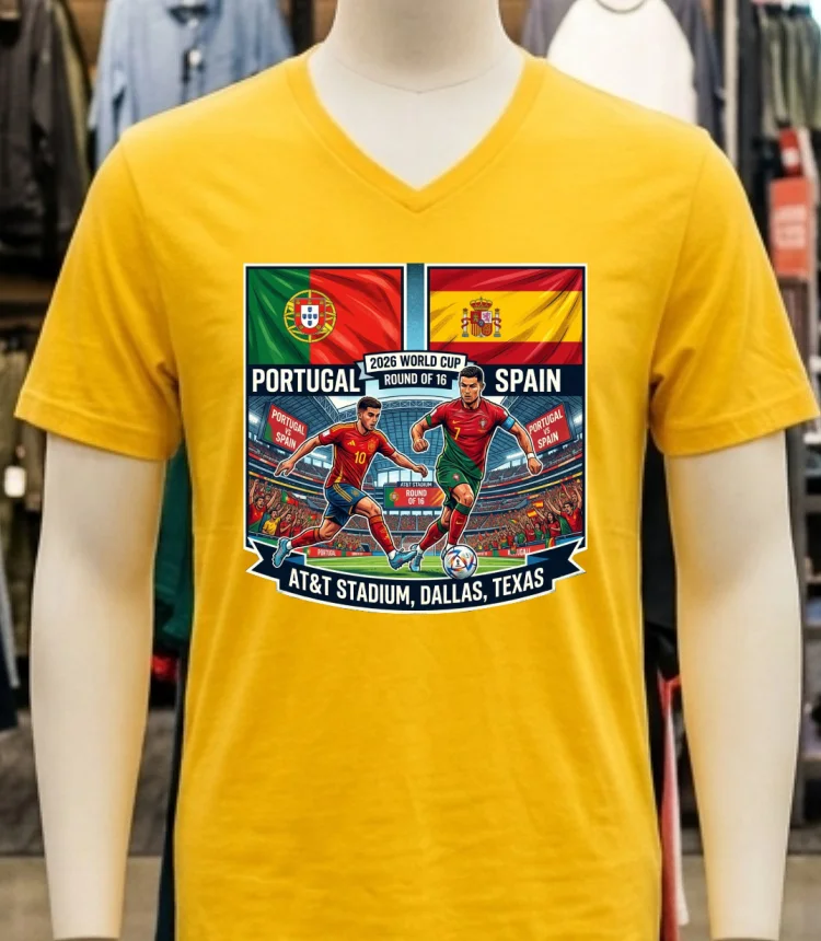 Portugal Vs Spain In The Round Of 16 Of The 2026 World Cup At Dallas Stadium (At&T, Texas) T Shirt - yellow-t-shirt Portugal Vs Spain In The Round Of 16 Of The 2026 World Cup At Dallas Stadium Att Texas T Shirt Yellow T Shirt