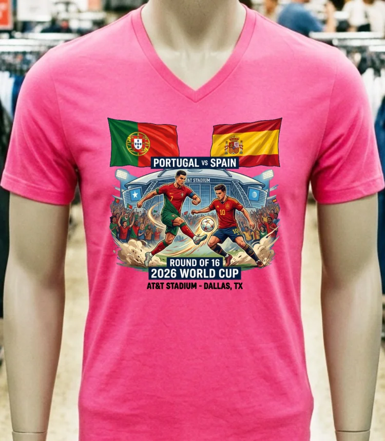 Portugal Vs Spain In The Round Of 16 Of The 2026 World Cup T Shirt - pink-t-shirt Portugal Vs Spain In The Round Of 16 Of The 2026 World Cup T Shirt Pink T Shirt