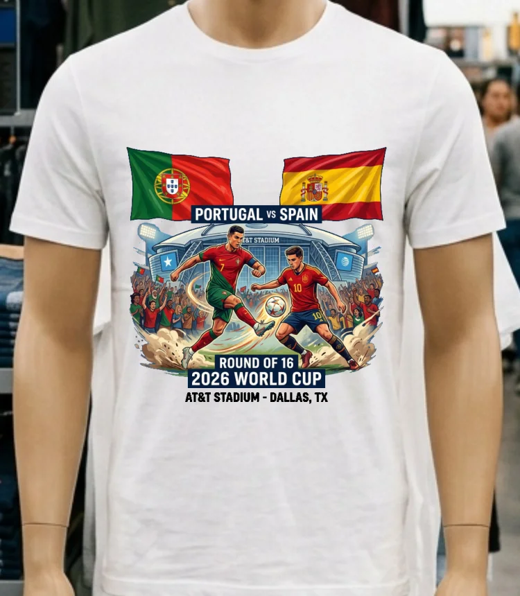 Portugal Vs Spain In The Round Of 16 Of The 2026 World Cup T Shirt - white-t-shirt Portugal Vs Spain In The Round Of 16 Of The 2026 World Cup T Shirt White T Shirt 4