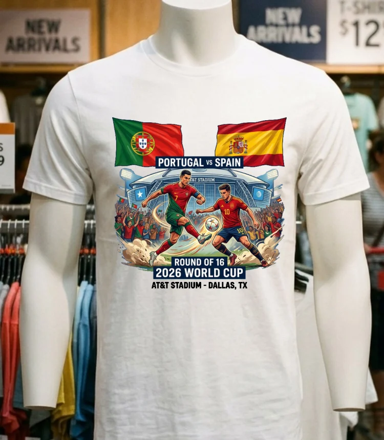 Portugal Vs Spain In The Round Of 16 Of The 2026 World Cup T Shirt - white-t-shirt Portugal Vs Spain In The Round Of 16 Of The 2026 World Cup T Shirt White T Shirt 5
