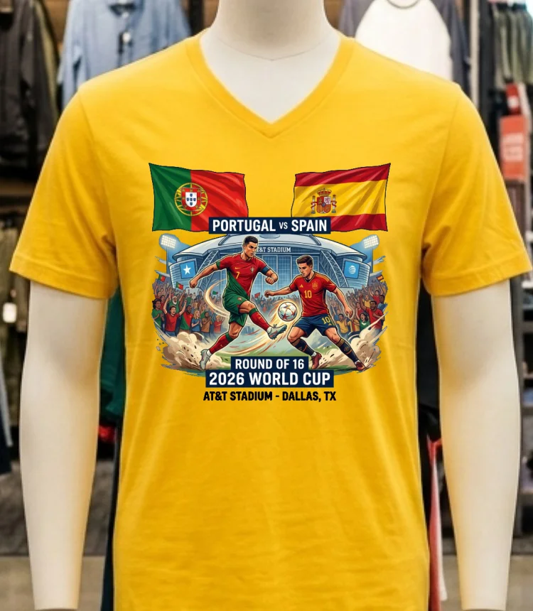 Portugal Vs Spain In The Round Of 16 Of The 2026 World Cup T Shirt - yellow-t-shirt Portugal Vs Spain In The Round Of 16 Of The 2026 World Cup T Shirt Yellow T Shirt