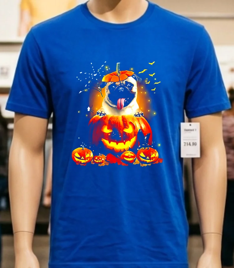 Pug Spooky Halloween Pumpkin Head Shirt - blue-shirt Pug Spooky Halloween Pumpkin Head Shirt Blue Shirt