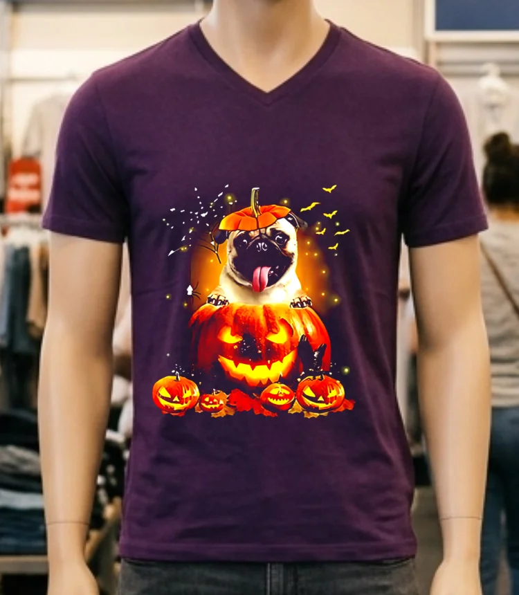 Pug Spooky Halloween Pumpkin Head Shirt Purple Shirt