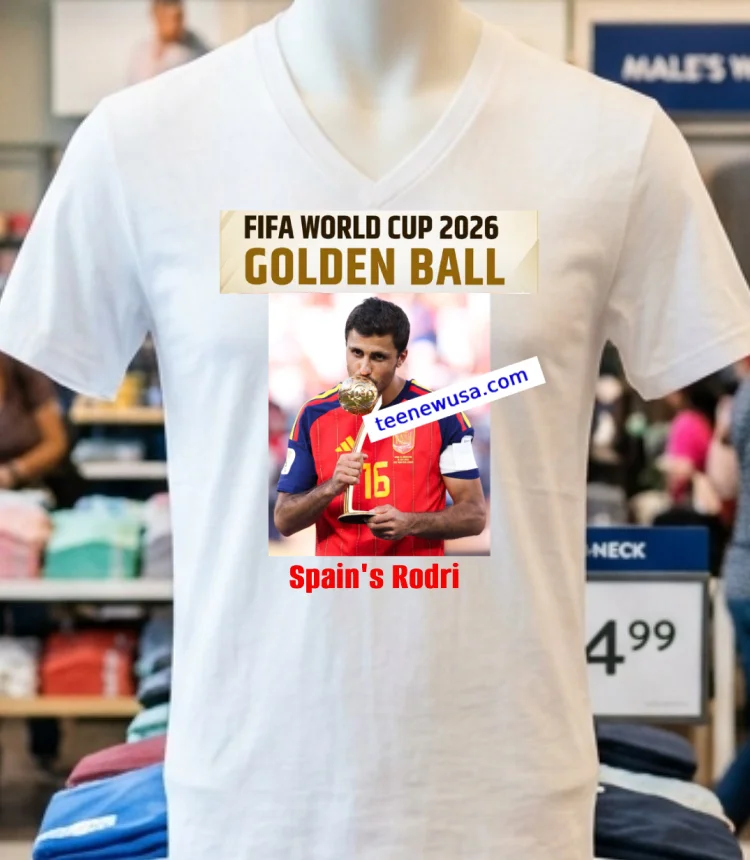 Rodri Spain Win The World Cup 2026 Golden Ball T Shirt - white-t-shirt Rodri Spain Win The World Cup 2026 Golden Ball T Shirt White T Shirt 2