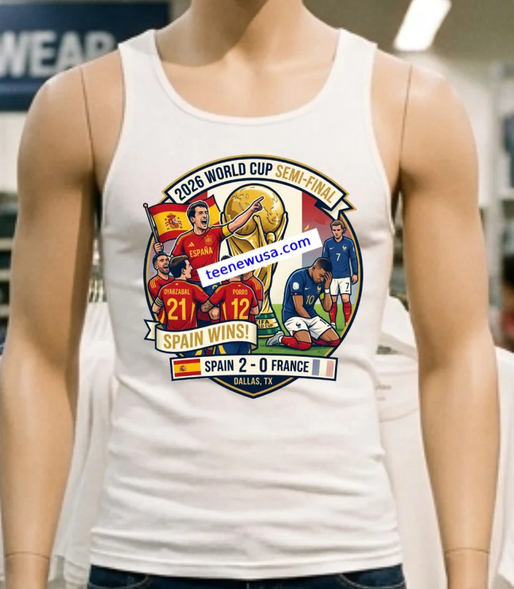 Spain Beat France 2 0 In The 2026 World Cup Semi Final In Dallas Thanks To Goals From Oyarzabal And Porro T Shirt - white-t-shirt Spain Beat France 2 0 In The 2026 World Cup Semi Final In Dallas Thanks To Goals From Oyarzabal And Porro T Shirt White T Shirt 4