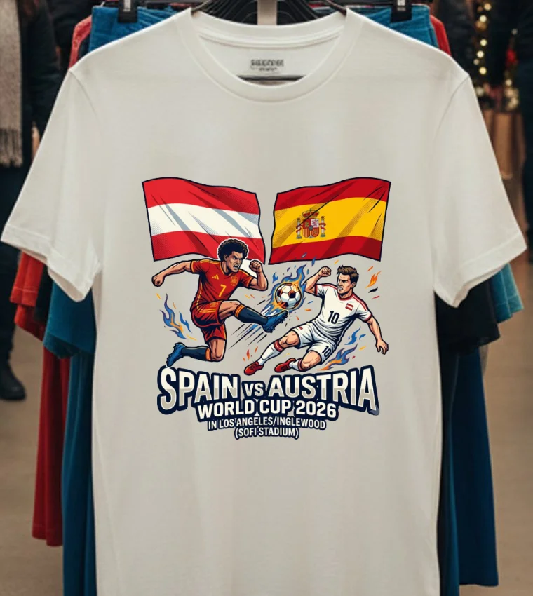 Spain Vs Austria World Cup 2026 In Los Angeles Inglewood (Sofi Stadium) - white-t-shirt Spain Vs Austria World Cup 2026 In Los Angelesinglewood Sofi Stadium White T Shirt