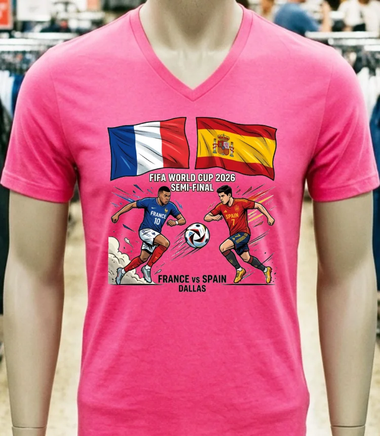 Spain Vs France In The Fifa World Cup 2026 Semi Final At Dallas Stadium - pink-t-shirt Spain Vs France In The Fifa World Cup 2026 Semi Final At Dallas Stadium Pink T Shirt