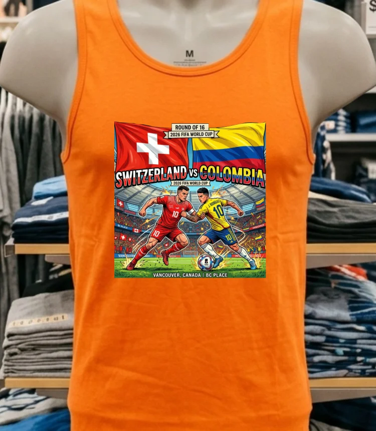 Switzerland Vs Colombia In The Round Of 16 Of The 2026 World Cup At Bc Place (Vancouver, Canada) T Shirt - orange-shirt Switzerland Vs Colombia In The Round Of 16 Of The 2026 World Cup At Bc Place Vancouver Canada T Shirt Orange Shirt