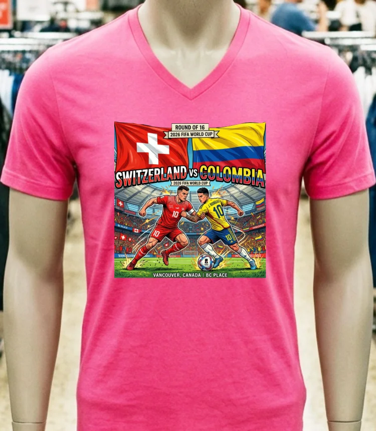 Switzerland Vs Colombia In The Round Of 16 Of The 2026 World Cup At Bc Place (Vancouver, Canada) T Shirt - pink-t-shirt Switzerland Vs Colombia In The Round Of 16 Of The 2026 World Cup At Bc Place Vancouver Canada T Shirt Pink T Shirt