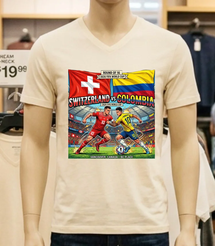 Switzerland Vs Colombia In The Round Of 16 Of The 2026 World Cup At Bc Place (Vancouver, Canada) T Shirt - white-t-shirt Switzerland Vs Colombia In The Round Of 16 Of The 2026 World Cup At Bc Place Vancouver Canada T Shirt White T Shirt 1