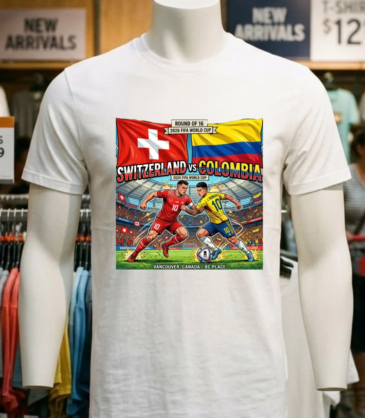 Switzerland Vs Colombia In The Round Of 16 Of The 2026 World Cup At Bc Place (Vancouver, Canada) T Shirt - white-t-shirt Switzerland Vs Colombia In The Round Of 16 Of The 2026 World Cup At Bc Place Vancouver Canada T Shirt White T Shirt 5