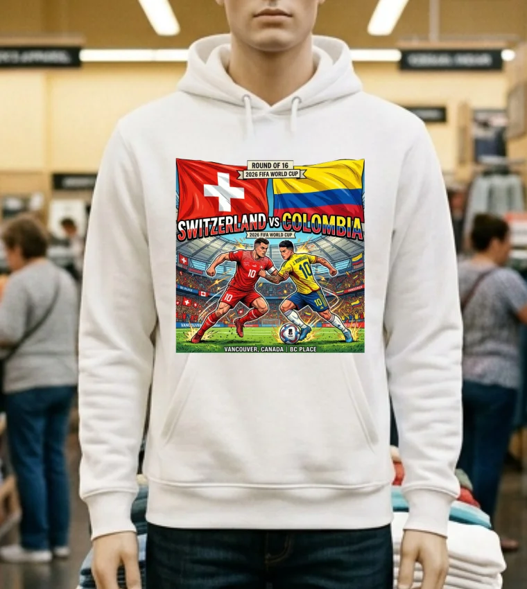 Switzerland Vs Colombia In The Round Of 16 Of The 2026 World Cup At Bc Place (Vancouver, Canada) T Shirt - white-t-shirt Switzerland Vs Colombia In The Round Of 16 Of The 2026 World Cup At Bc Place Vancouver Canada T Shirt White T Shirt