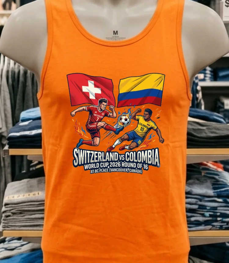 Switzerland Vs Colombia In The Round Of 16 Of The 2026 World Cup T Shirt - orange-shirt Switzerland Vs Colombia In The Round Of 16 Of The 2026 World Cup T Shirt Orange Shirt