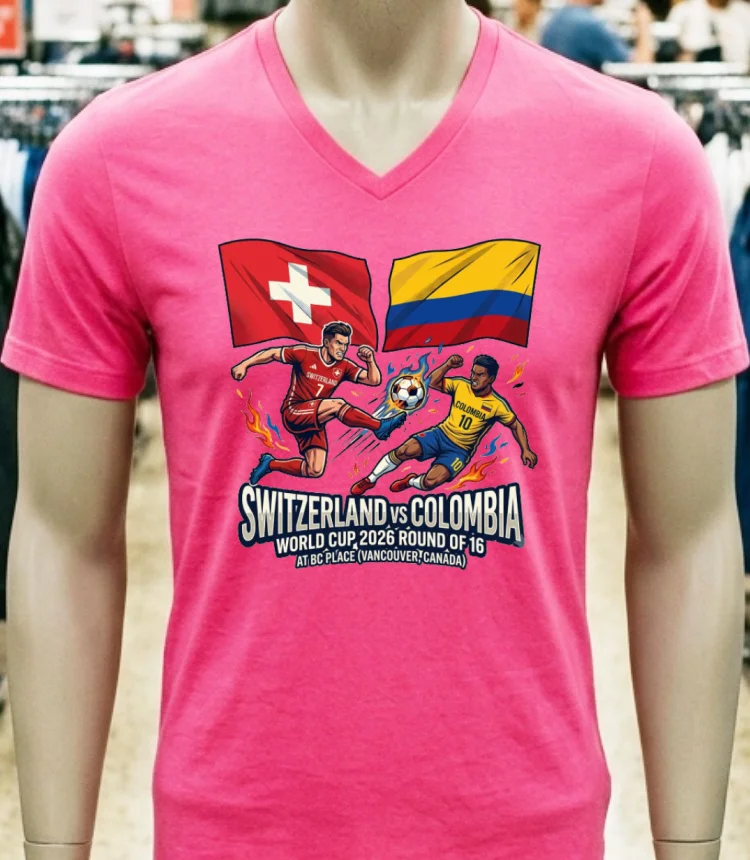 Switzerland Vs Colombia In The Round Of 16 Of The 2026 World Cup T Shirt - pink-t-shirt Switzerland Vs Colombia In The Round Of 16 Of The 2026 World Cup T Shirt Pink T Shirt