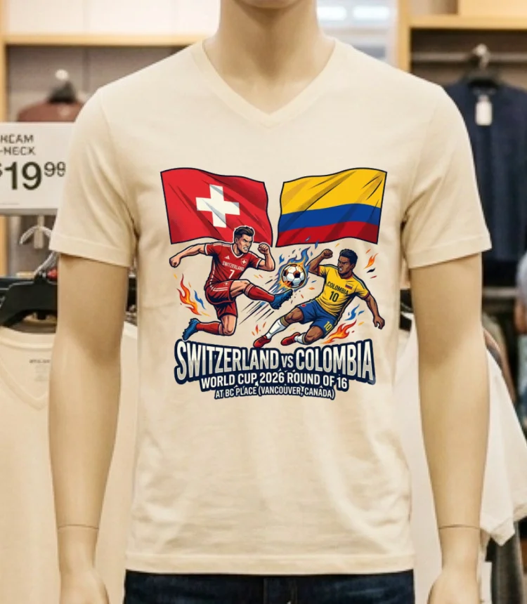 Switzerland Vs Colombia In The Round Of 16 Of The 2026 World Cup T Shirt - white-t-shirt Switzerland Vs Colombia In The Round Of 16 Of The 2026 World Cup T Shirt White T Shirt 1
