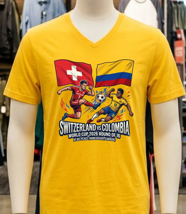 Switzerland Vs Colombia In The Round Of 16 Of The 2026 World Cup T Shirt - yellow-t-shirt Switzerland Vs Colombia In The Round Of 16 Of The 2026 World Cup T Shirt Yellow T Shirt