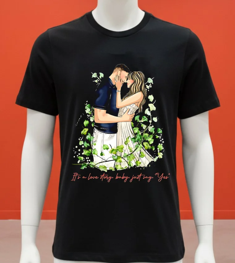 Taylor And Travis Kelce It S A Love Story Baby Just Say Yes Shirt - balck-shirt Taylor And Travis Kelce Its A Love Story Baby Just Say Yes Shirt Balck Shirt