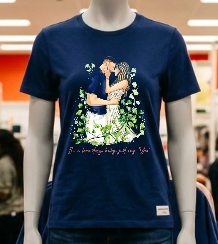 Taylor And Travis Kelce It S A Love Story Baby Just Say Yes Shirt - navy-shirt Taylor And Travis Kelce Its A Love Story Baby Just Say Yes Shirt Navy Shirt
