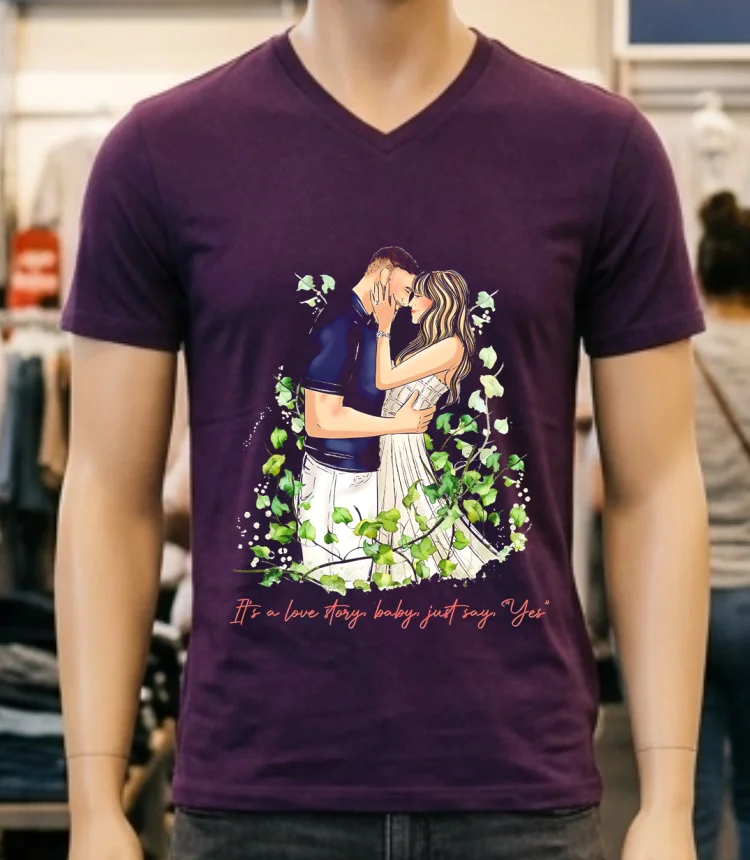 Taylor And Travis Kelce Its A Love Story Baby Just Say Yes Shirt Purple Shirt