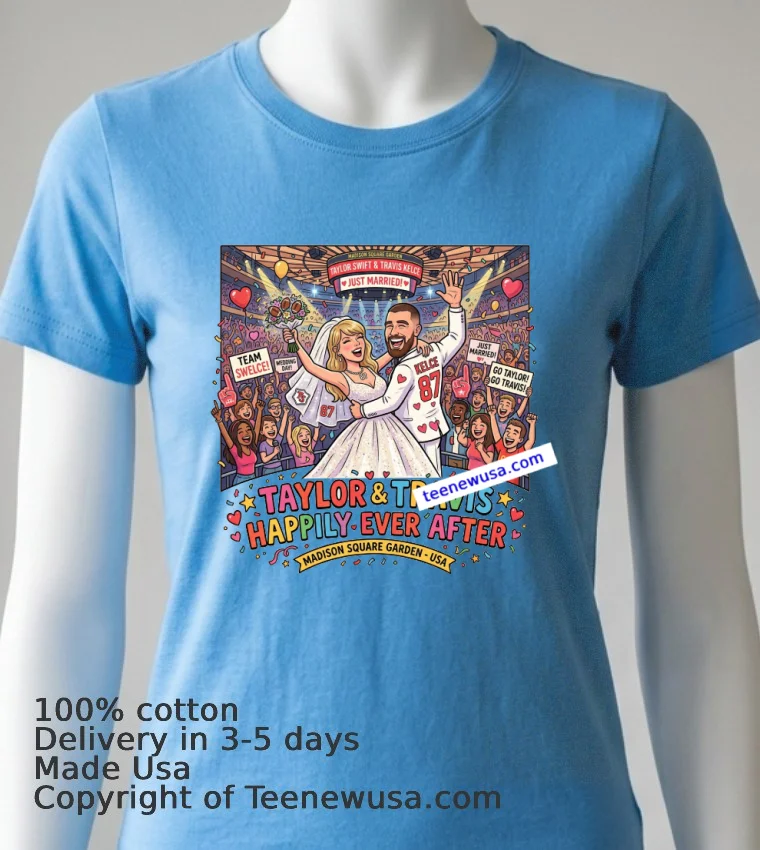 Taylor Swift And Travis Kelce Are Happily Celebrating Their Wedding At Madison Square Garden T Shirt - blue-shirt Taylor Swift And Travis Kelce Are Happily Celebrating Their Wedding At Madison Square Garden T Shirt Blue Shirt