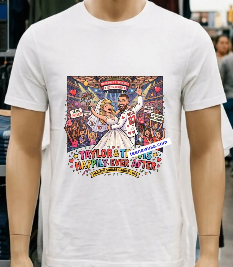 Taylor Swift And Travis Kelce Are Happily Celebrating Their Wedding At Madison Square Garden T Shirt - white-t-shirt Taylor Swift And Travis Kelce Are Happily Celebrating Their Wedding At Madison Square Garden T Shirt White T Shirt 2