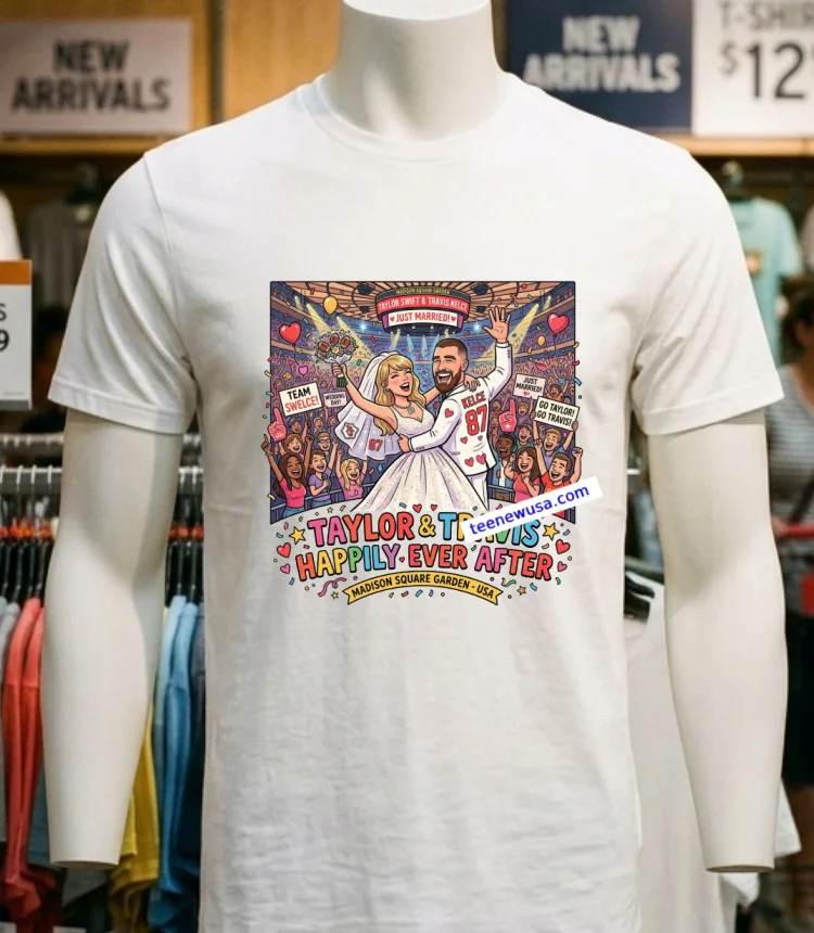 Taylor Swift And Travis Kelce Are Happily Celebrating Their Wedding At Madison Square Garden T Shirt - white-t-shirt Taylor Swift And Travis Kelce Are Happily Celebrating Their Wedding At Madison Square Garden T Shirt White T Shirt 3