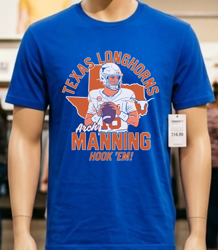 Texas Longhorns Arch Manning Hook Em Cartoon Shirt - blue-shirt Texas Longhorns Arch Manning Hook Em Cartoon Shirt Blue Shirt