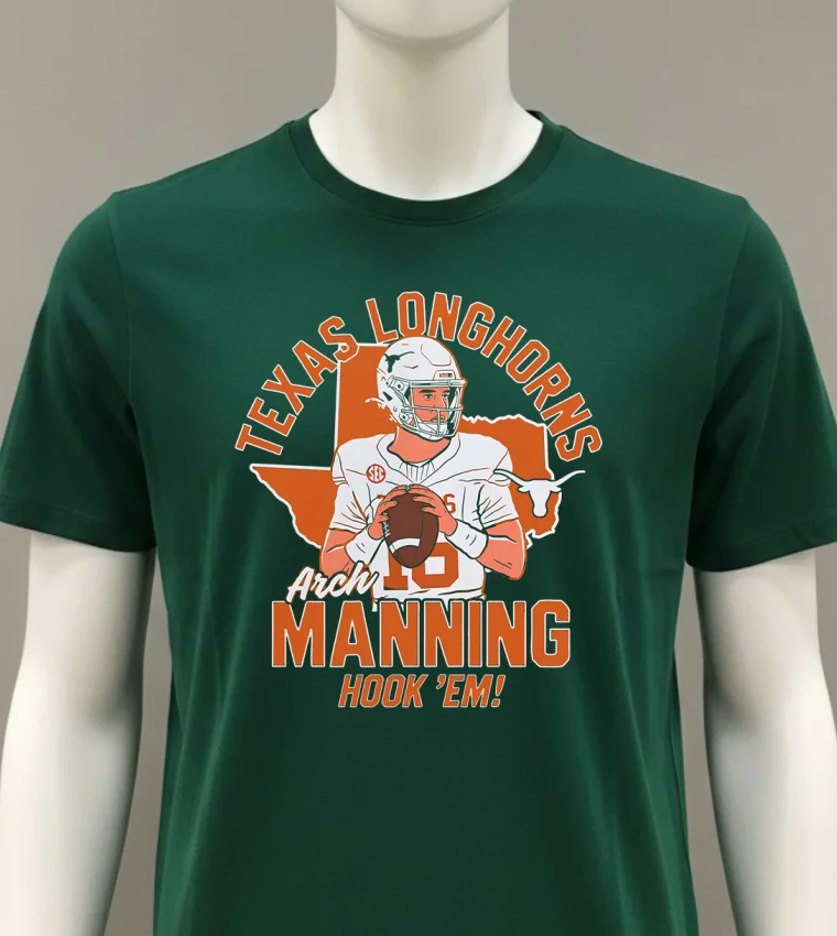 Texas Longhorns Arch Manning Hook Em Cartoon Shirt - green-shirt Texas Longhorns Arch Manning Hook Em Cartoon Shirt Green Shirt 1