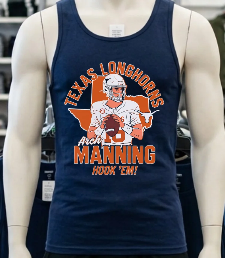 Texas Longhorns Arch Manning Hook Em Cartoon Shirt - navy-shirt Texas Longhorns Arch Manning Hook Em Cartoon Shirt Navy Shirt 1