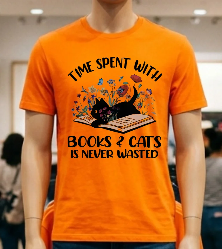 Time Spent With Books And Cats Is Never Wasted Shirt - orange-shirt Time Spent With Books And Cats Is Never Wasted Shirt Orange Shirt