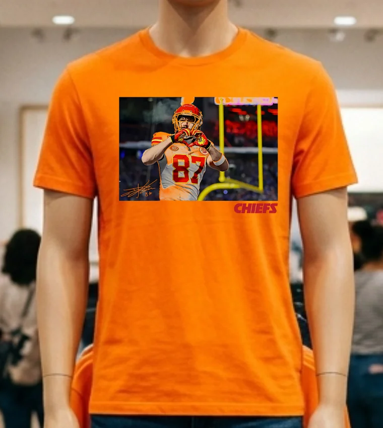 Travis Kelce Kansas City Chiefs Heart Signature Photo Shirt - orange-shirt Travis Kelce Kansas City Chiefs Heart Signature Photo Shirt Orange Shirt