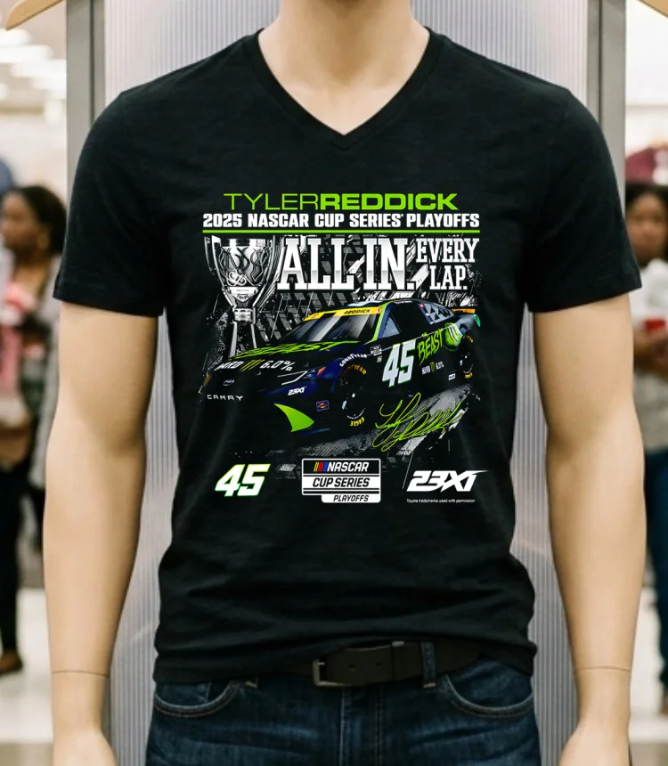 Tyler Reddick Checkered Flag Sports 2025 Nascar Cup Series Playoffs All In Every Lap Shirt - balck-shirt Tyler Reddick Checkered Flag Sports 2025 Nascar Cup Series Playoffs All In Every Lap Shirt Balck Shirt 1