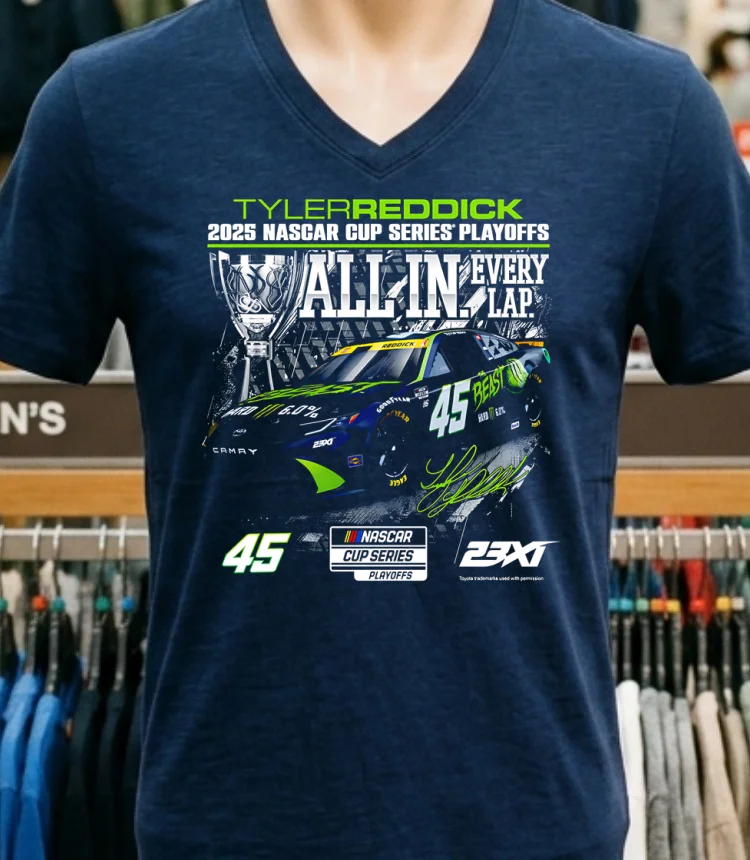 Tyler Reddick Checkered Flag Sports 2025 Nascar Cup Series Playoffs All In Every Lap Shirt Navy Shirt