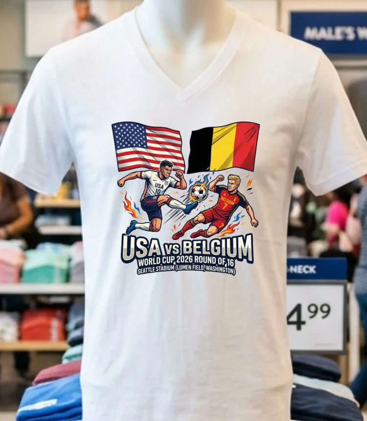 Usa Vs Belgium In The Round Of 16 Of The 2026 World Cup At Seattle Stadium (Lumen Field, Washington) T Shirt - white-t-shirt Usa Vs Belgium In The Round Of 16 Of The 2026 World Cup At Seattle Stadium Lumen Field Washington T Shirt White T Shirt 3