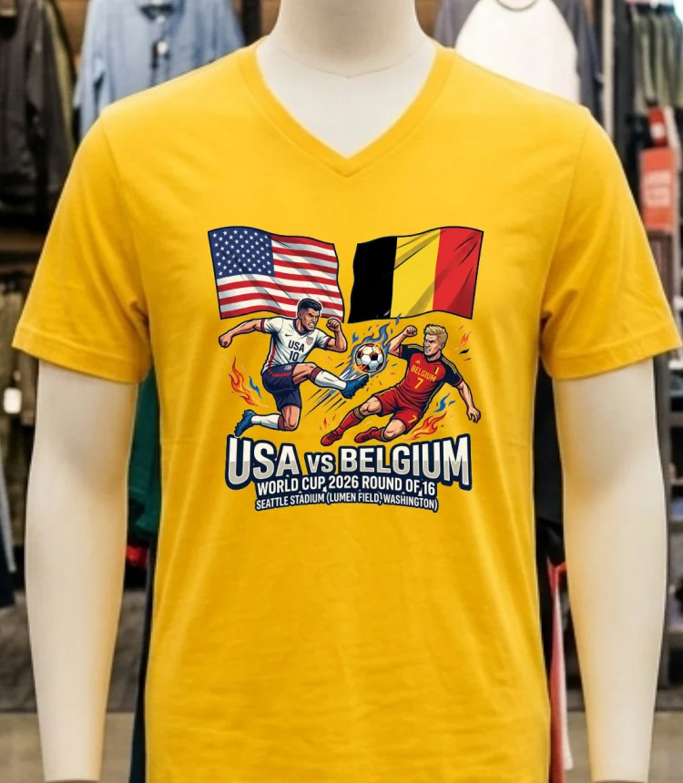 Usa Vs Belgium In The Round Of 16 Of The 2026 World Cup At Seattle Stadium (Lumen Field, Washington) T Shirt - yellow-t-shirt Usa Vs Belgium In The Round Of 16 Of The 2026 World Cup At Seattle Stadium Lumen Field Washington T Shirt Yellow T Shirt