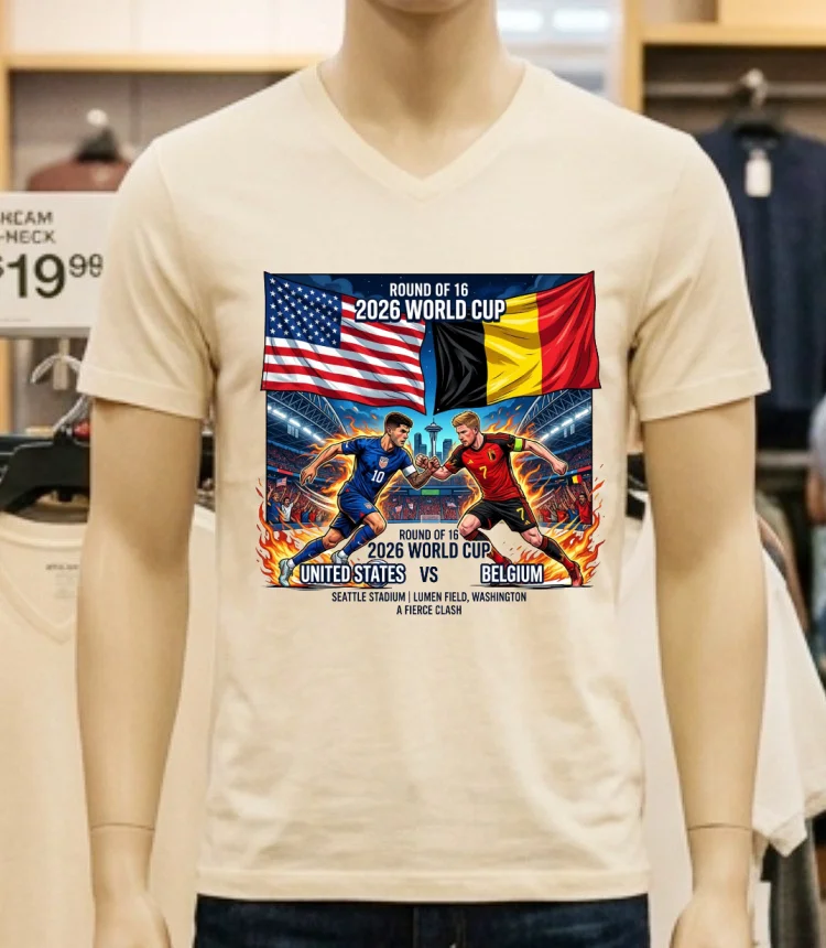 Usa Vs Belgium In The Round Of 16 Of The 2026 World Cup T Shirt - white-t-shirt Usa Vs Belgium In The Round Of 16 Of The 2026 World Cup T Shirt White T Shirt 1
