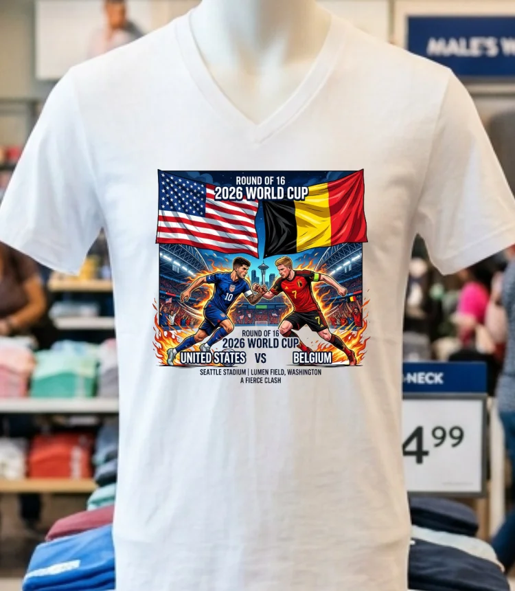 Usa Vs Belgium In The Round Of 16 Of The 2026 World Cup T Shirt - white-t-shirt Usa Vs Belgium In The Round Of 16 Of The 2026 World Cup T Shirt White T Shirt 3