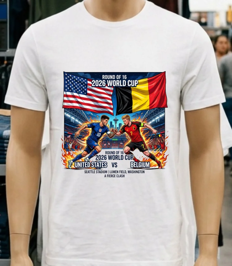 Usa Vs Belgium In The Round Of 16 Of The 2026 World Cup T Shirt - white-t-shirt Usa Vs Belgium In The Round Of 16 Of The 2026 World Cup T Shirt White T Shirt 4