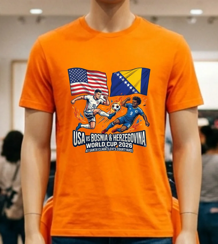 Usa Vs Bosnia & Herzegovina World Cup 2026 At Santa Clara (Levi's Courtyard) T Shirt - orange-shirt Usa Vs Bosnia Herzegovina World Cup 2026 At Santa Clara Levis Courtyard T Shirt Orange Shirt