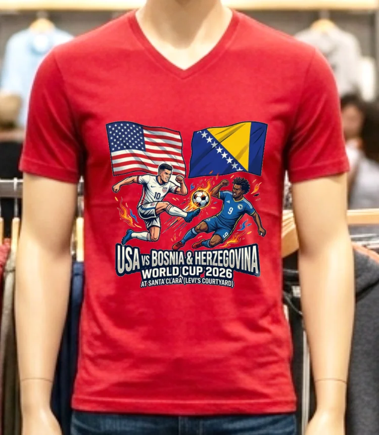 Usa Vs Bosnia & Herzegovina World Cup 2026 At Santa Clara (Levi's Courtyard) T Shirt - red-shirt Usa Vs Bosnia Herzegovina World Cup 2026 At Santa Clara Levis Courtyard T Shirt Red Shirt