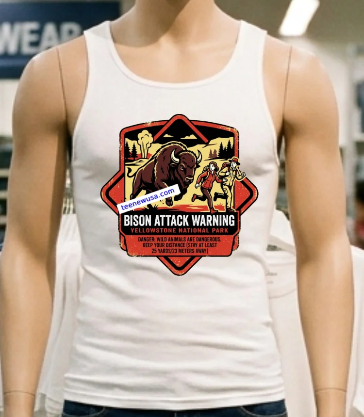 Warning Bison Attack Tourists At Yellowstone T Shirt - white-t-shirt Warning Bison Attack Tourists At Yellowstone T Shirt White T Shirt 1